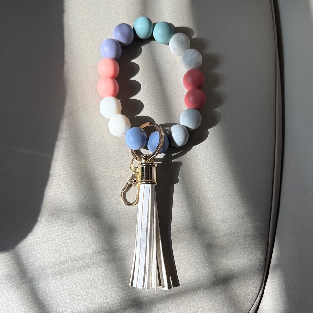 Pastel Beaded Keychain Bracelet with Tassel